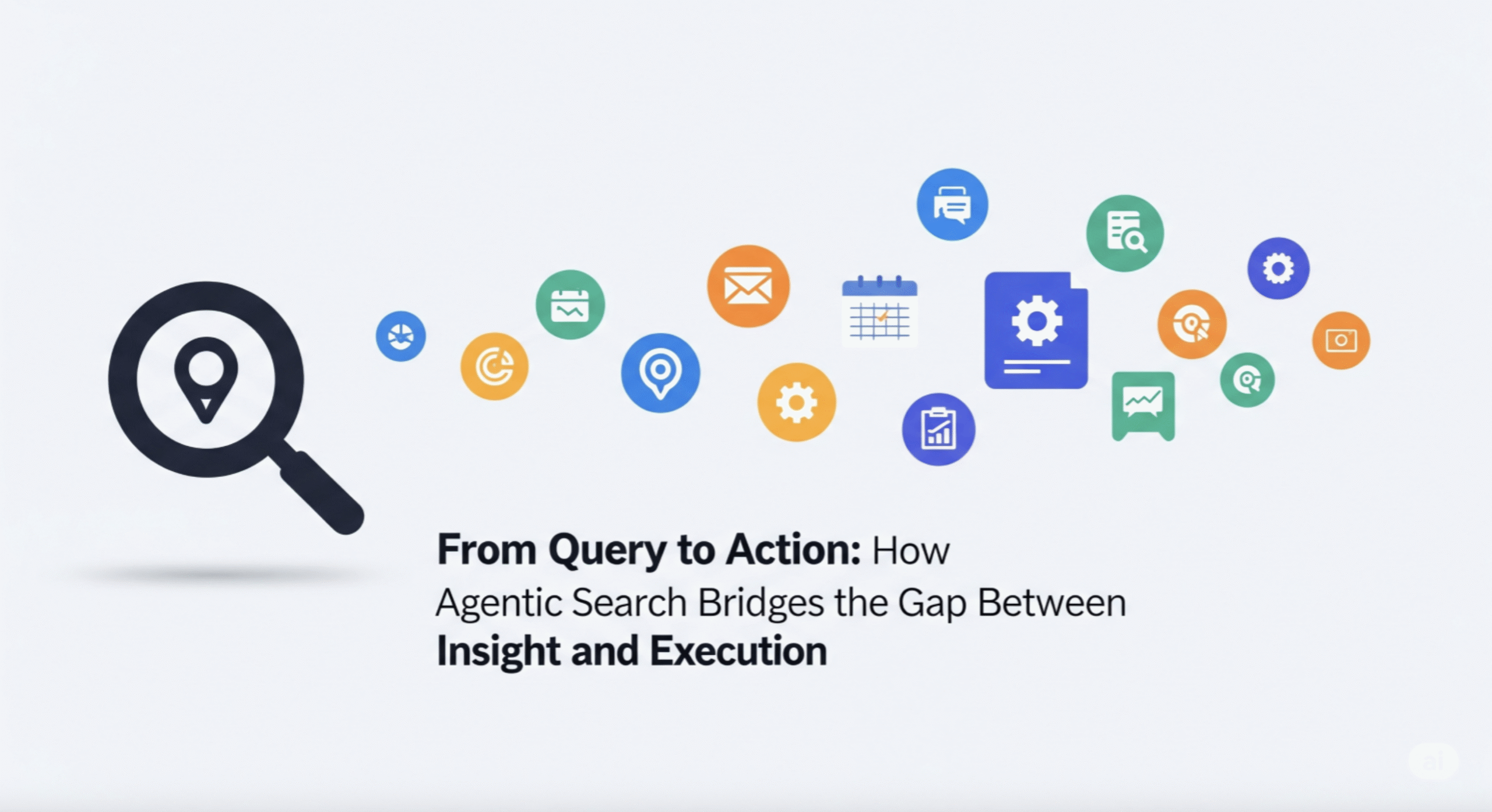 Illustration showing a magnifying glass and icons representing data, search, email, calendar, and automation, with the text "From Query to Action: How Agentic Search Bridges the Gap Between Insight and Execution."